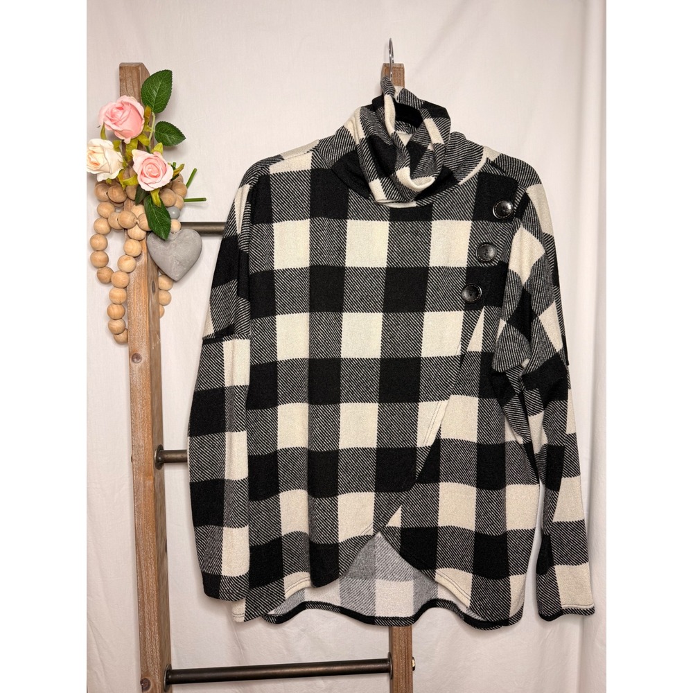 7th Ray Buffalo Plaid Cowl Neck Asymmetrical Button Wrap Sweater Black White L
